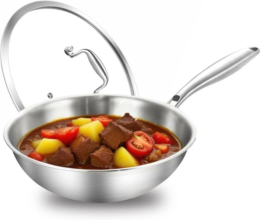 Wokpan Roestvrij Staal Koekenpan Hoge Rand Gezond Koken Drielaags Constructie 30 cm Zilverkleurig
