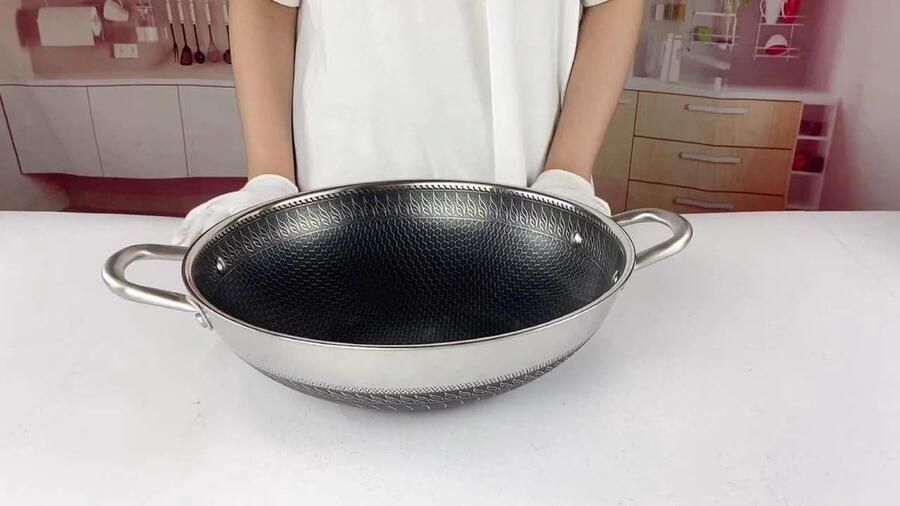 Wokpan Roestvrij Staal Koekenpan Wok Aziatisch Koken Honingraat Antiaanbak 32 cm 3 Liter Zilver