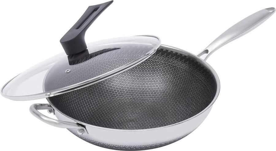 Wokpan Roestvrij Staal Koekenpan Wok Gezond Koken Honingraat Anti-aanbak 30 cm Zilver