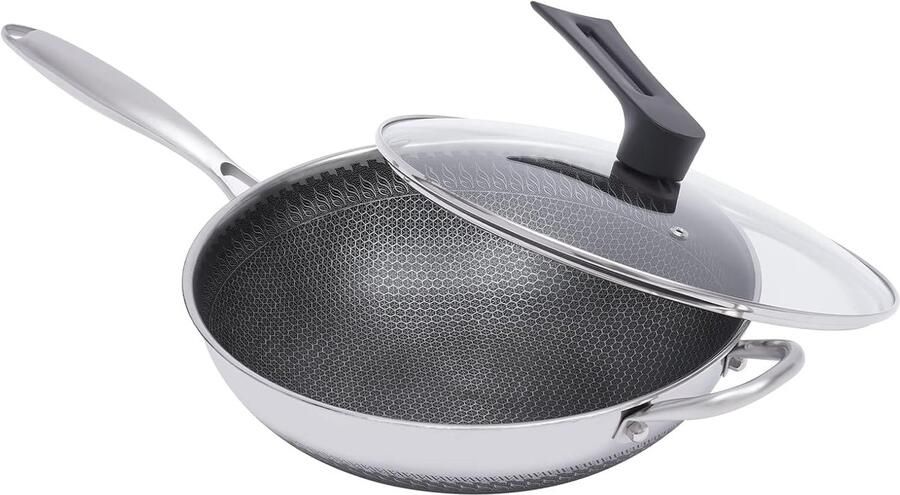 Wokpan Roestvrij Staal Koekenpan Wok Gezond Koken Honingraat Anti-aanbak 30 cm Zilver