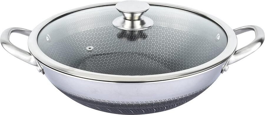 Wokpan Roestvrij Staal Kookpan Inductie Lekker Koken Honingraatstructuur 32 cm Zilverkleurig