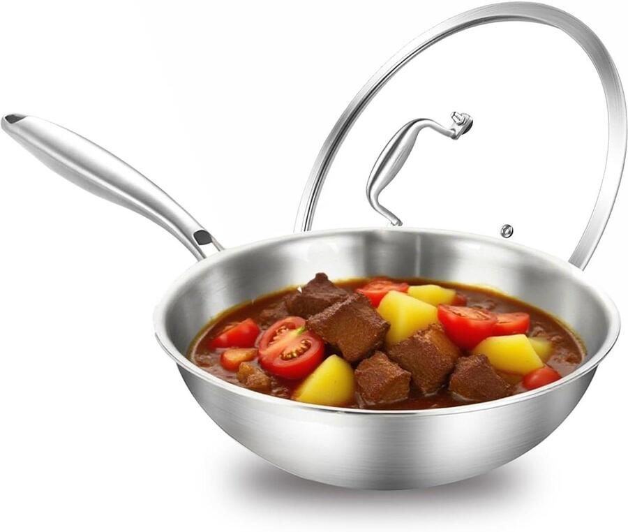 Wokpan Roestvrij Staal Roerbakpan Gelijkmatig Koken Drielaagse Constructie 30 cm Zilverkleurig - Foto 1