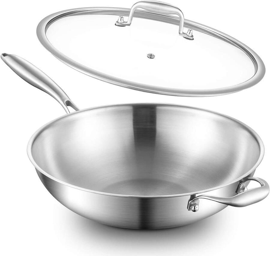 Wokpan Roestvrij Staal Roerbakpan Inductie Gelijkmatig Koken Ongecoat 3-laags Staal 30 cm Zilver