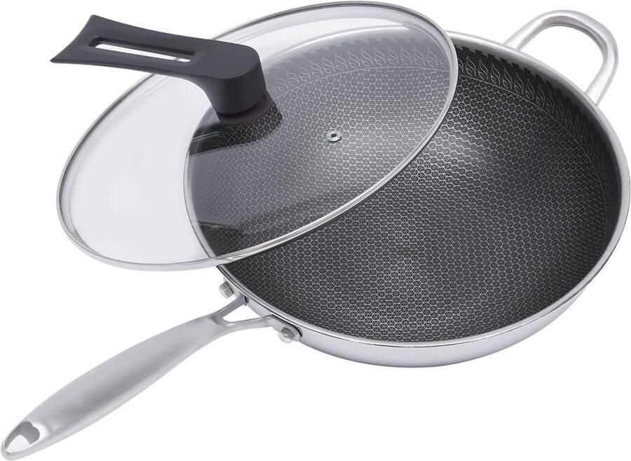 Wokpan Roestvrij Staal Roerbakpan Wok Snel Koken Honingraat Coating 30 cm Diameter Zilverkleurig