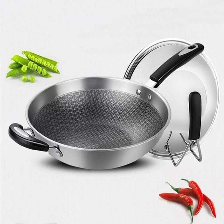Wokpan Roestvrijstaal Koekenpan Antiaanbak Heerlijk Koken Gelijkmatige Hitteverdeling 32cm Zwart