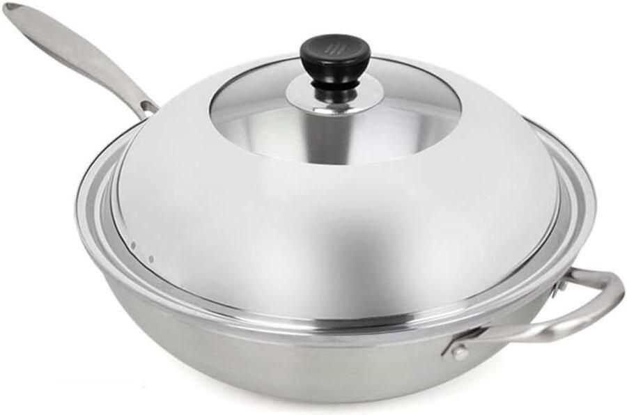 Wokpan Roestvrijstaal Koekenpan Koken en Braden Gelijkmatige Warmtegeleiding 34 cm Zilver