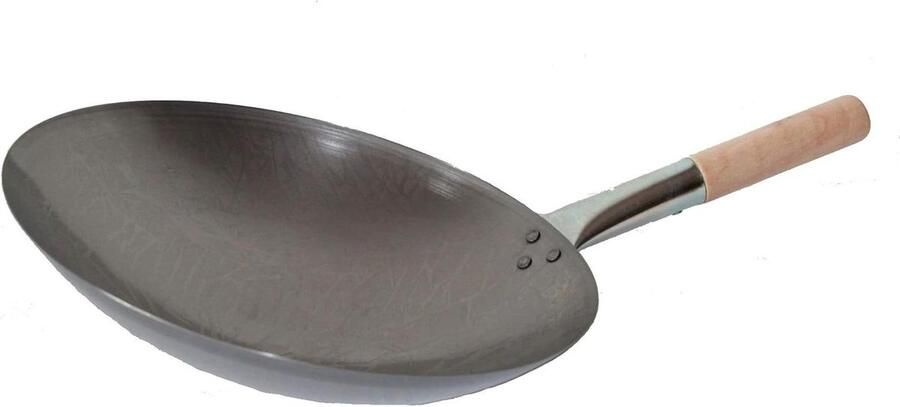 Wokpan Ronde Bodem Koolstofstaal pan Aziatisch koken Met houten handvat Ø 34 cm Zwart