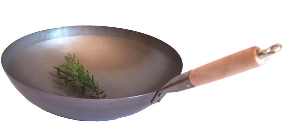 Wokpan Ronde Bodem Koolstofstaal Wok Aziatisch Koken Massief Houten Handvat Ø 40 cm Zwart