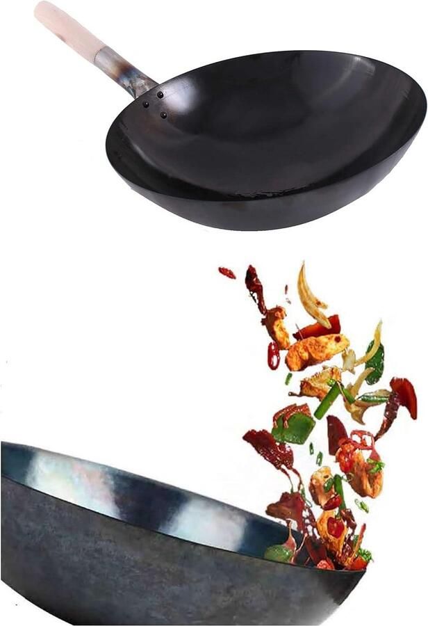 Wokpan Ronde Bodem Roerbakpan Koolstofstaal Aziatisch Koken Dun Gesmeed Koolstofstaal 40 cm Diameter Zwart