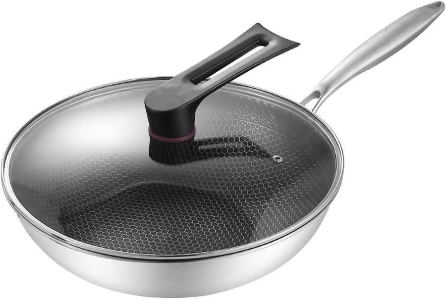 Wokpan RVS Koekenpan Gezond Koken Dubbele Honingraat 32cm Zilverkleurig