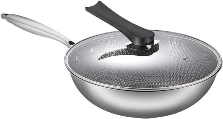 Wokpan RVS Roerbakpan met deksel gerechten koken Platte bodem inductie 32 cm Zilver