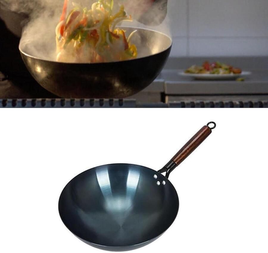 Wokpan van Ijzer Roerbakpan Koekenpan Authentiek Koken Traditioneel Vakmanschap 34cm Zwart
