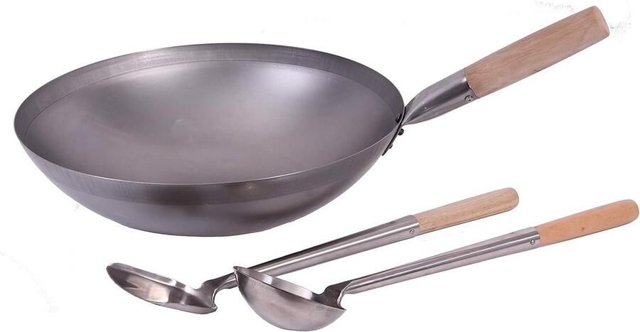 Wokset 31 cm rond bodem Carbon Steel voor Gasfornuis en Inductiepan met Wokspatel en Wokkelle van RVS