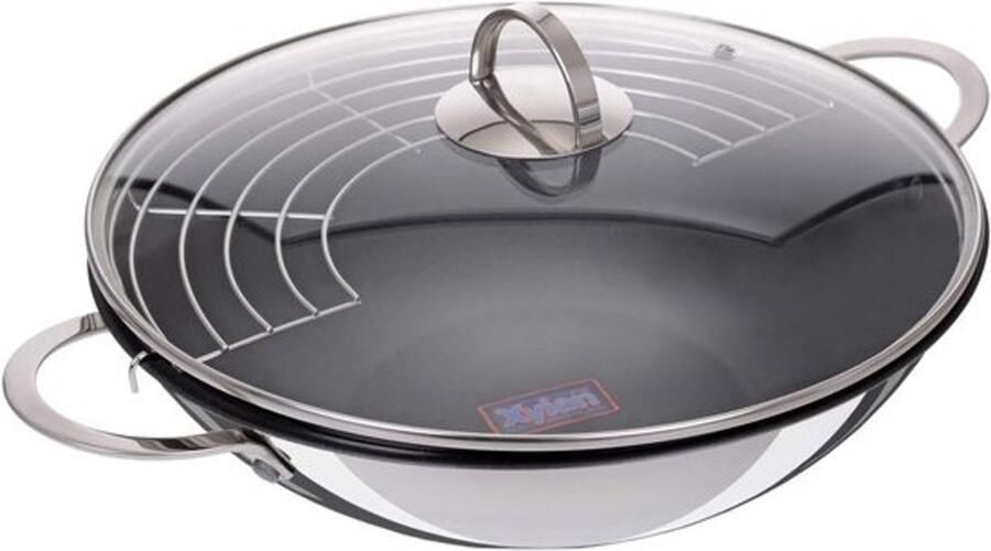 Wokset 32 cm met antiaanbakcoating glazen deksel en legrooster