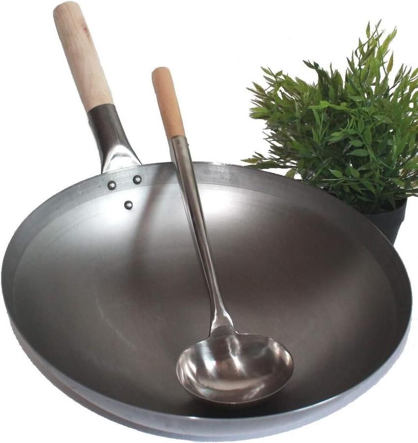 Wokset 36 cm Koolstofstaal Ronde Bodem Inclusief Troffel Roestvrij Staal Houten Handvat Geschikt voor Gas en Inductie