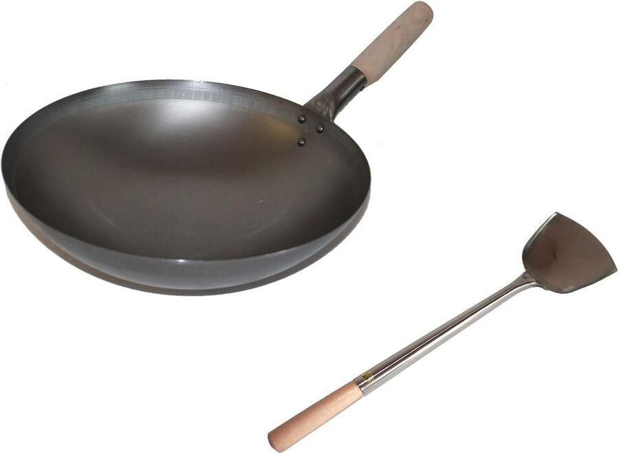 Wokset 36 cm Koolstofstaal Ronde Bodem + Wokspatel Houten Handgreep