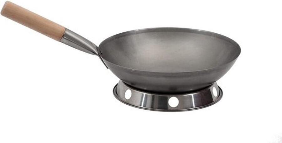 Wokset Wokpan 30 cm Ø met ronde bodem van koolstofstaal Voor gasfornuis en inductie Met wokring