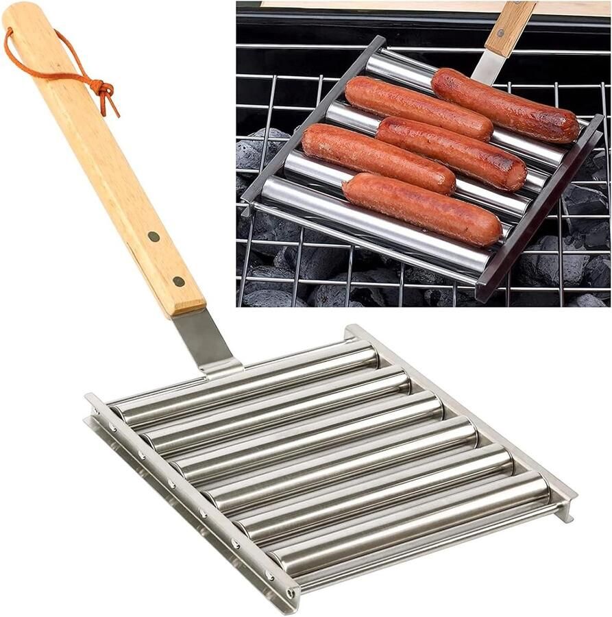 Worst Griller Hotdog Rek Gelijkmatig Grillen Extra Lang Handvat 5 Capaciteit Zilver