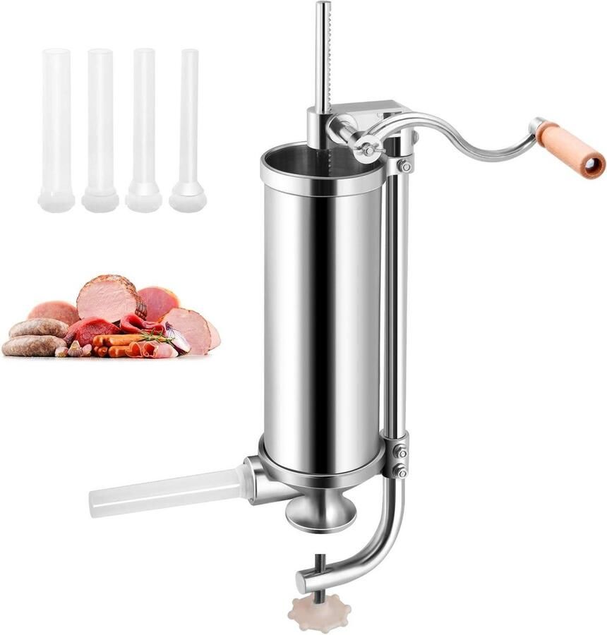 Worstenvuller Roestvrij Staal Worstmachine Handmatig Worst Maken 3 Liter Inhoud 4 Vulbuizen Zilver