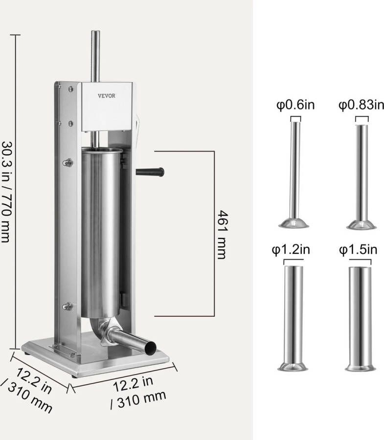 Worstenvuller Worstenmaker Handmatige Verticale Worstmaker Inclusief 5 Vulbuizen Worstmachine Professionele 7L RVS Worstenvuller