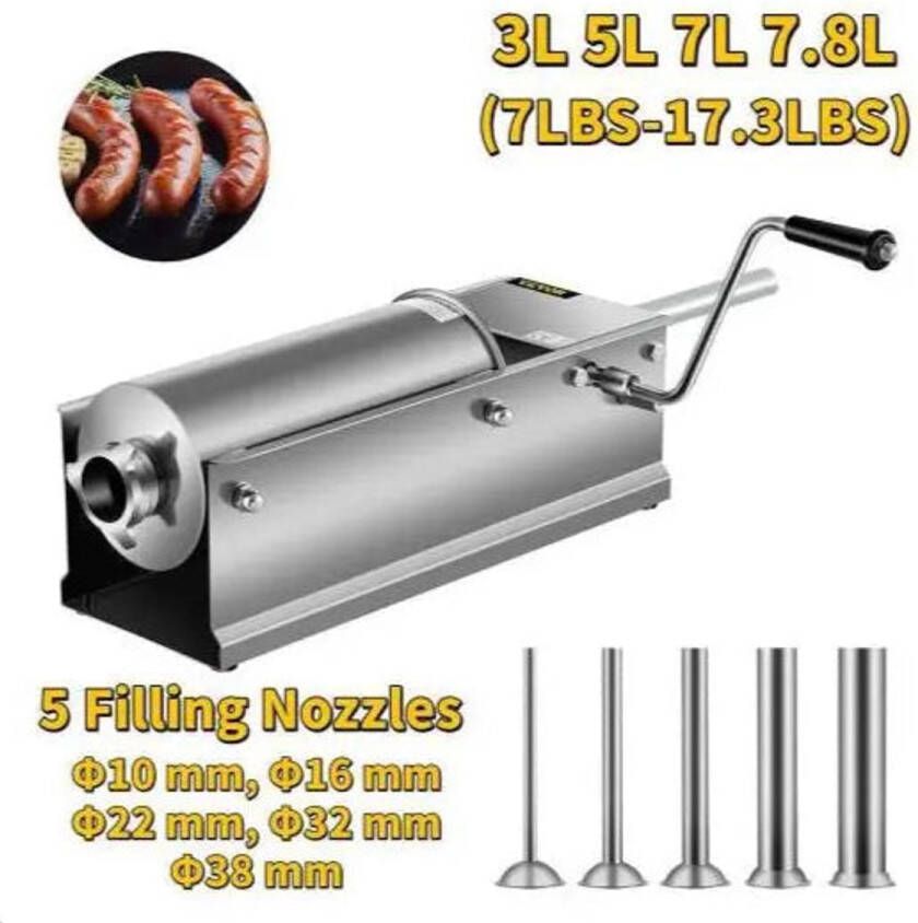 Worstenvuller Worstenmaker Handmatige Worstmaker Inclusief 5 Vulmondstukken Worstmachine Professionele 3L RVS Horizontale Worstenvuller