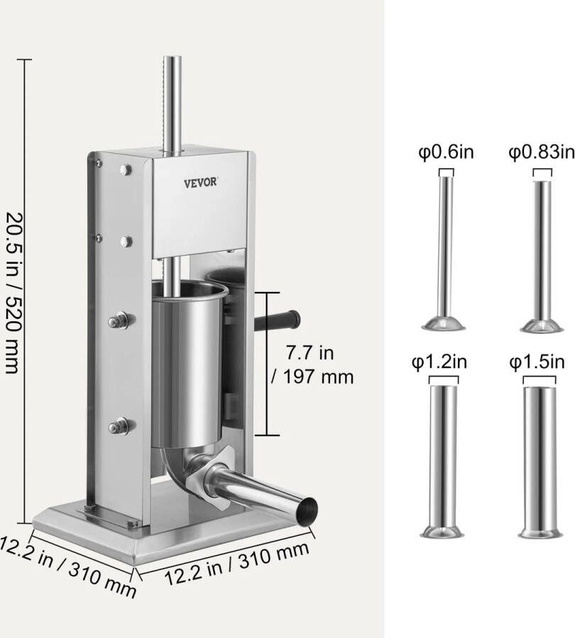 Worstenvuller – Worstenmaker Handmatige Verticale Worstmaker met 5 Opzetstukken 3L Worstmachine