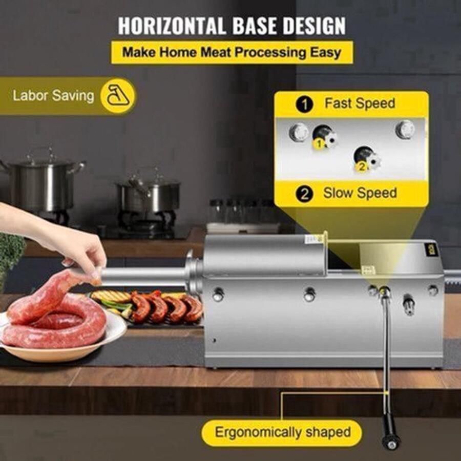Worstenvuller – Worstenmaker Worstmachine Professionele 3L RVS Horizontale Worstenvuller – Handmatige Worstmaker – Inclusief 5 Vulmondstukken