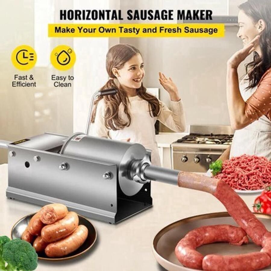 Worstenvuller – Worstenmaker Worstmachine Professionele 3L RVS Horizontale Worstenvuller – Handmatige Worstmaker – Inclusief 5 Vulmondstukken