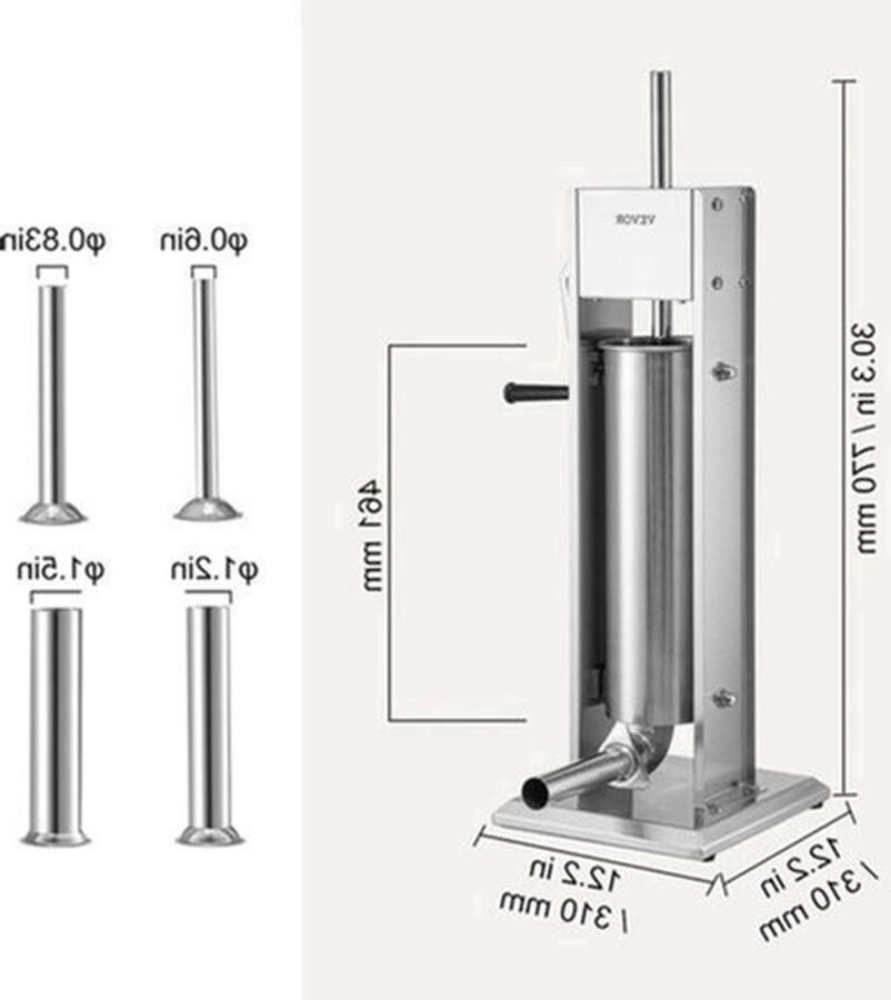 Worstenvuller – Worstenmaker Worstmachine Professionele 7L RVS Worstenvuller Handmatige Verticale Worstmaker Inclusief 5 Vulbuizen