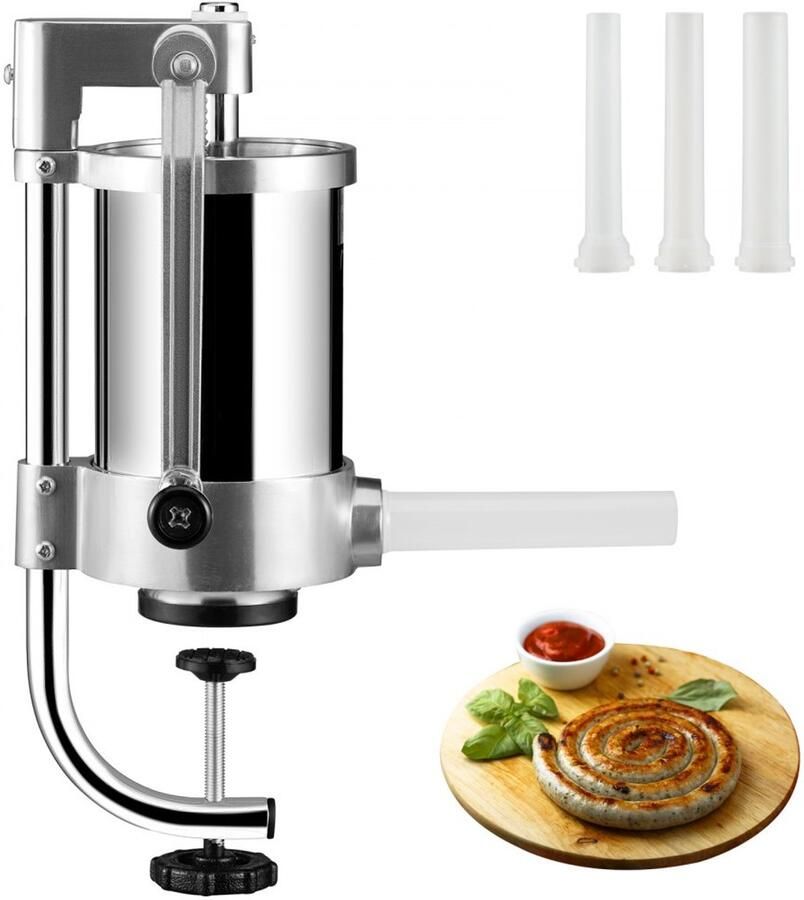 Worstenvulmachine Handmatige Worstenvuller 1 5 L Capaciteit Roestvrij Staal & Aluminium Verticale Pers met Tafelklem Inclusief 16 19 22 mm Vulbuizen Zilver