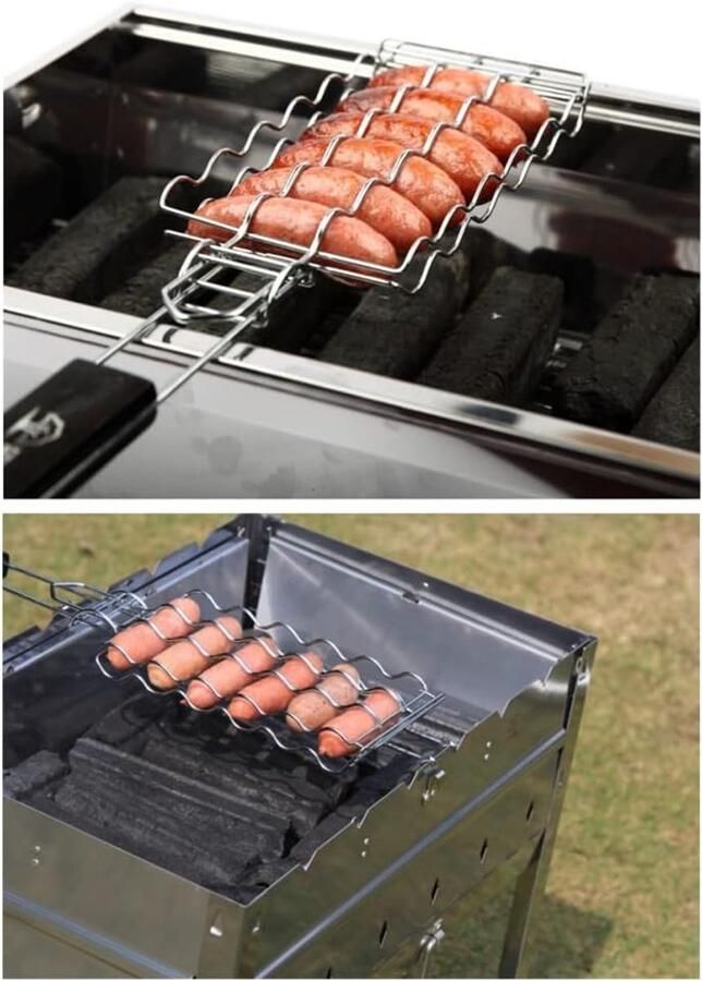 Worstgrill Mand Grillrek Hotdog Barbecue Gereedschap Afsluitbare Handgreep 55.5 cm Zilver