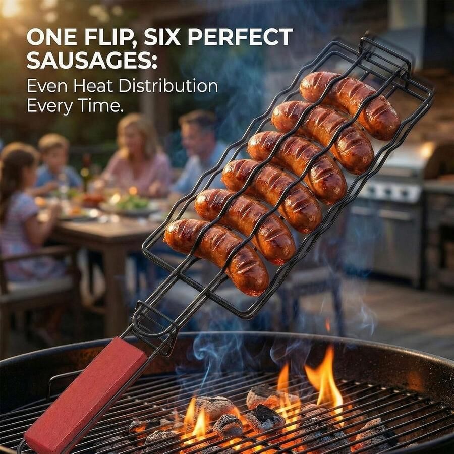 Worstgrillrek Hotdoghouder BBQ Grillen Houten Handvat Voor 6 Worsten Zwart - Foto 2
