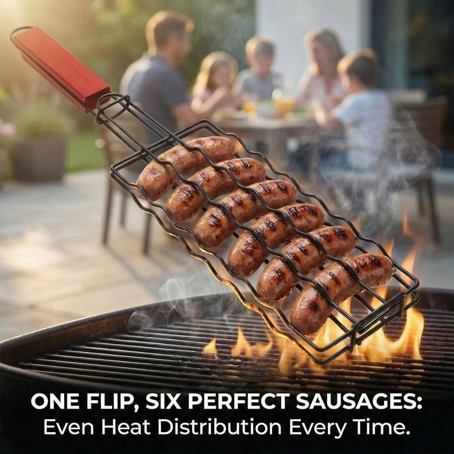 Worstgrillrek Hotdoghouder BBQ Grillen Houten Handvat Voor 6 Worsten Zwart