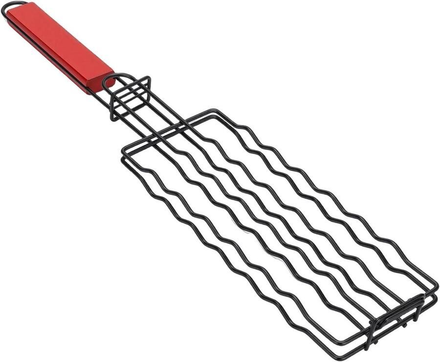 Worstgrillrek Hotdoghouder BBQ Koken Houten Handvat 6 Worsten Zwart