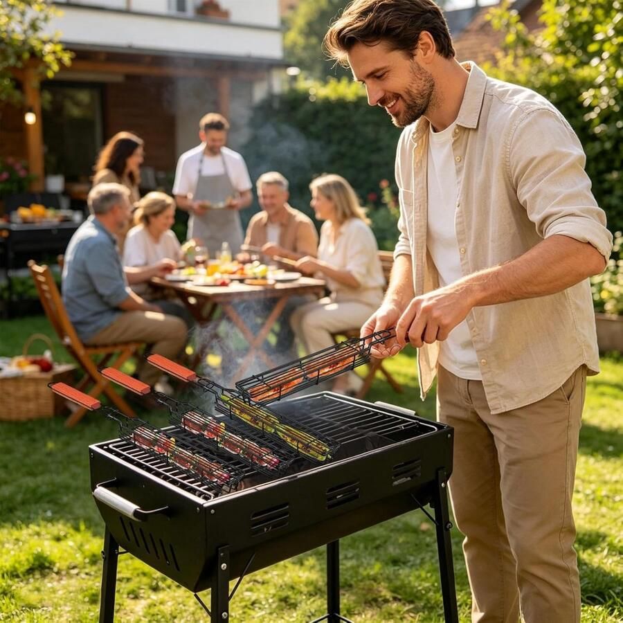 Worsthouder Grillrek Hotdog Klem Gelijkmatig Grillen Dubbel Ontwerp 51 cm Zilver - Foto 2