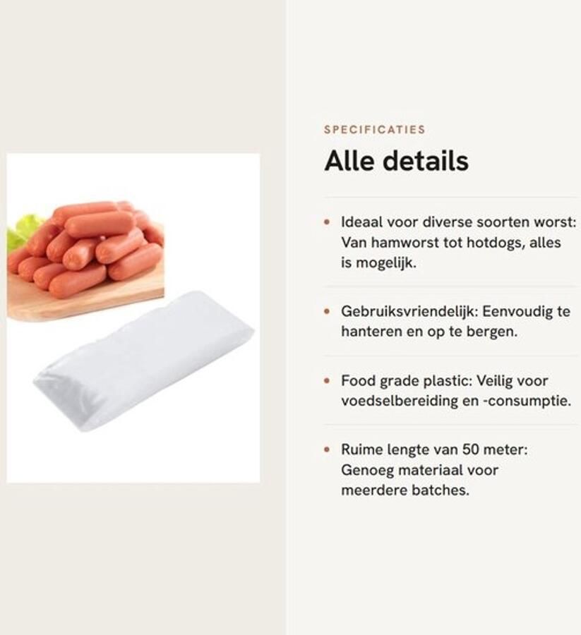 Worstomhulsel 50m x 50mm Voedselveilige Kunststof Voor Het Maken van Worst Transparant Multifunctioneel Geschikt voor Hotdogworstjes Worstfolie