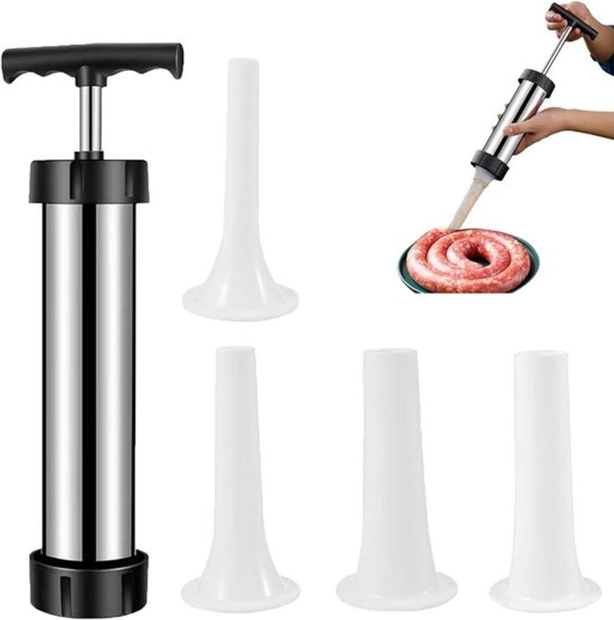 Worstvuller handmatige vleesvuller Helpt je bij het maken van een gevarieerde selectie heerlijke worsten RVS-materiaal Met 4 verschillende vulbuizen 25 x 10 cm