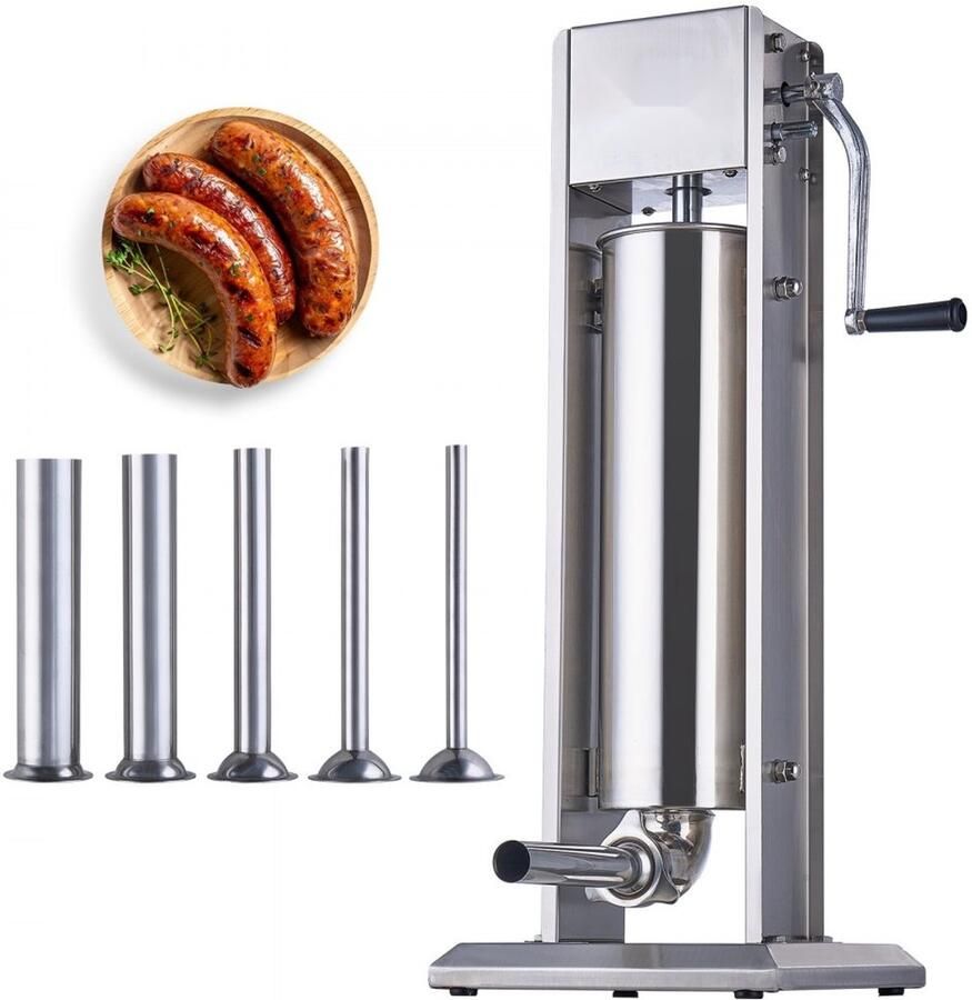 Worstvulmachine Worstmaker Handmatig Verticaal 7 L (6 8 kg) RVS 304 Voedingsgeschikt 2 Snelheden Incl. 5 Vulbuizen Voor Thuis & Horeca