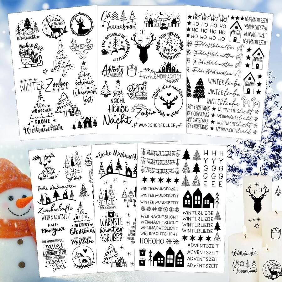 Wrijvingsstickers 6 stuks rub on stickers voor keraflott Kerstmis en Kerstmis doe-het-zelf decoratie rub on stickers voor meubels ramen glazen kopjes (B)