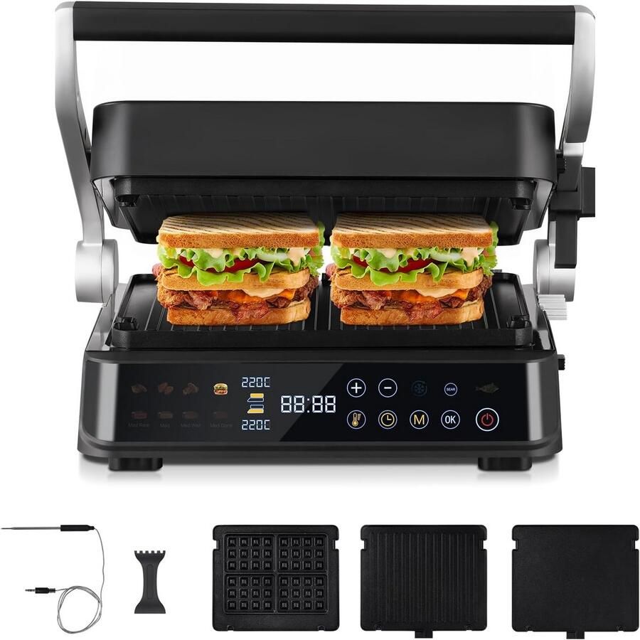 XL Contactgrill 6-in-1 met Temperatuursensor en GrillBoost Elektrische Grill met 4 Platen voor Steak Wafels & Panini