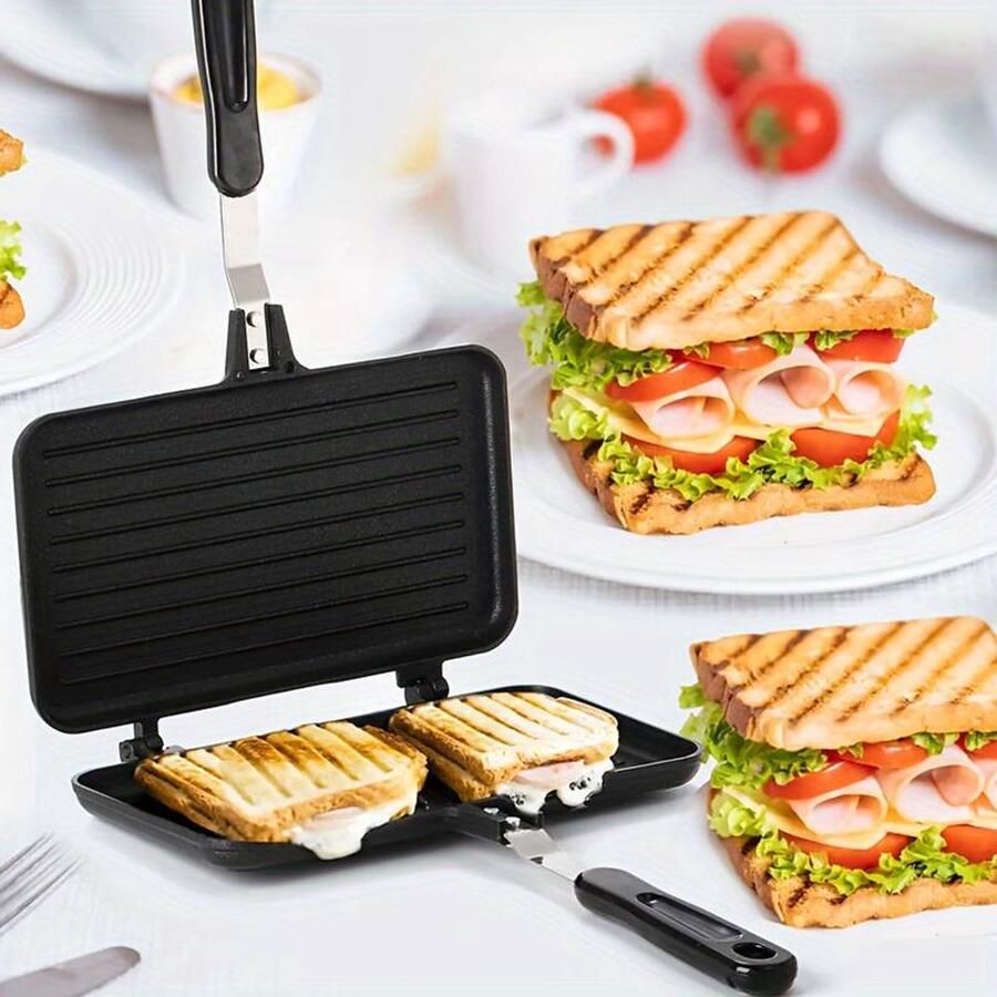 XL Dubbelzijdig Tosti IJzer Dubbele Sandwich Maker voor Gasfornuis 24 x 15.5 cm Anti-aanbak Handmatig Toaster voor Camping & Keuken Zwart