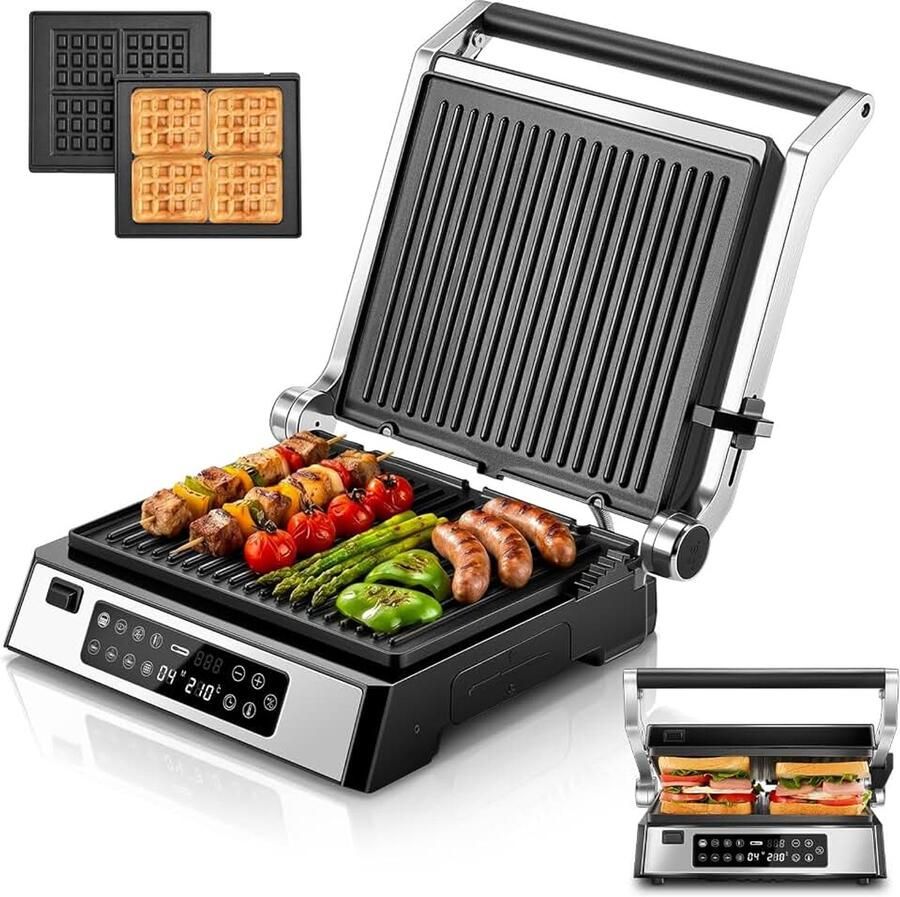 XL multifunctionele contactgrill 4-in-1 sandwichmaker en wafelijzer 2200 W met 4 afneembare platen met anti-aanbaklaag individuele tijd en temperatuur led-display 8 programma's