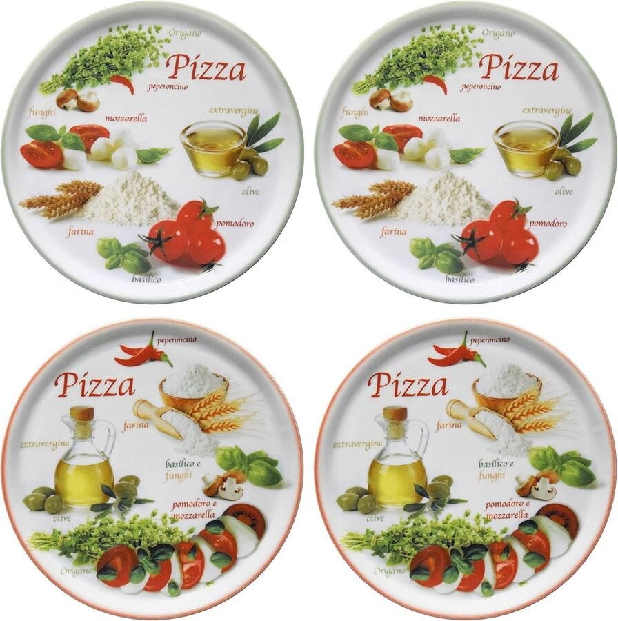 XL Porselein Pizza bord 33 8 cm set van 4 kleurrijke decoraties rood & groen rand