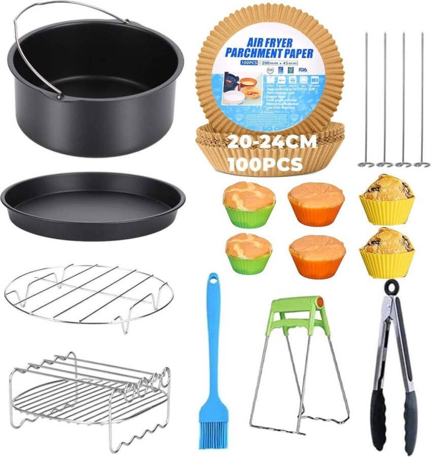 XXL accessoires 8 inch heteluchtfriteuse accessoires xxl voor COSORI Princess Innsky GOWISE en alle 4-6 5L heteluchtfriteuses (11 stuks + 50 bakpapier voor heteluchtfriteuse)