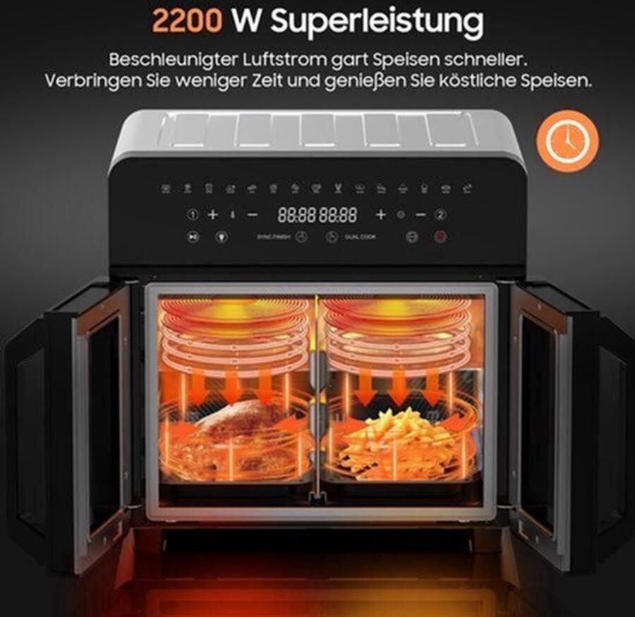 XXL Airfryer – Friteuse – Heteluchtoven – Elektrische Oven – Kooktoestel – Zwart – 23 Liter Inhoud – Dubbele Kookzones Met LED Touchscreen