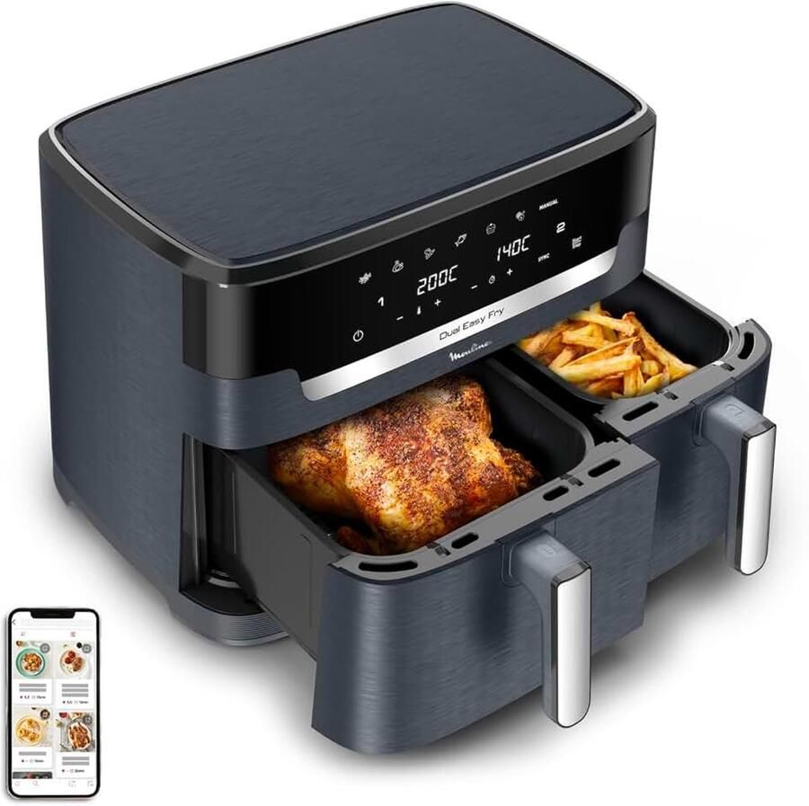 XXL Dual Easy Fry luchtfriteuse 11 liter met dubbele anti-aanbakmand voor gezinnen vaatwasmachinebestendig laag energieverbruik 7 modi en recept-app EZ942B