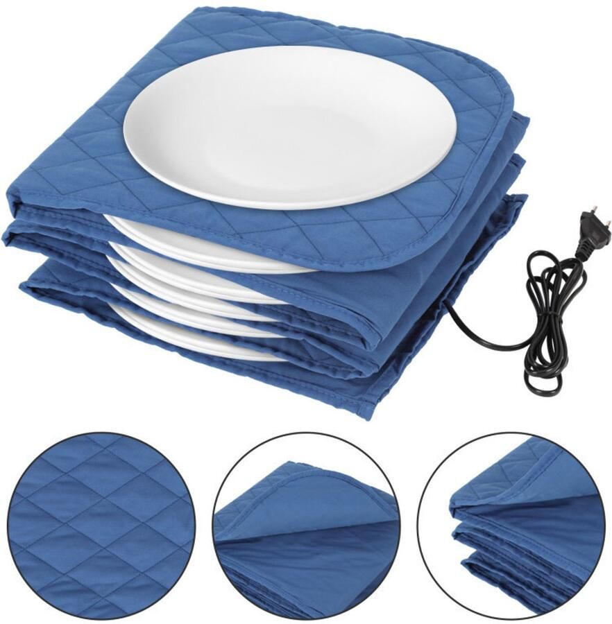 XXL Elektrische bordenwarmer 34x30x3cm Voor maximaal 12 borden met 32 cm diameter Wasbare Hoes Warmhoudplaat -Katoen Blauw