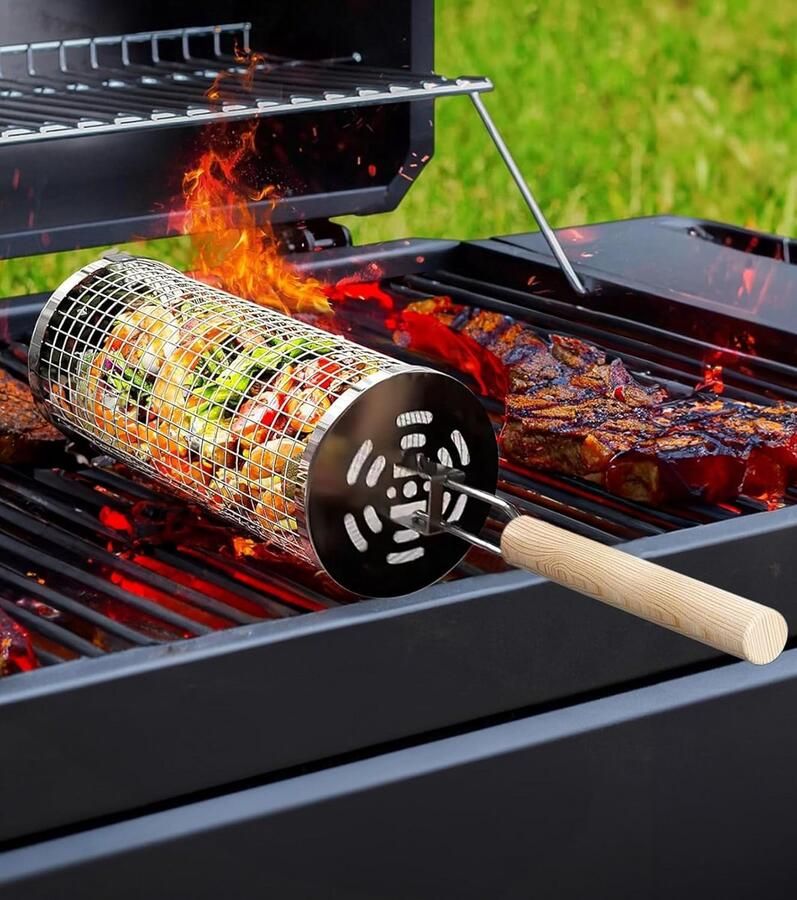 XXL Geperforeerde Grillmand RVS voor Groenten en Vlees met Afneembare Hendel