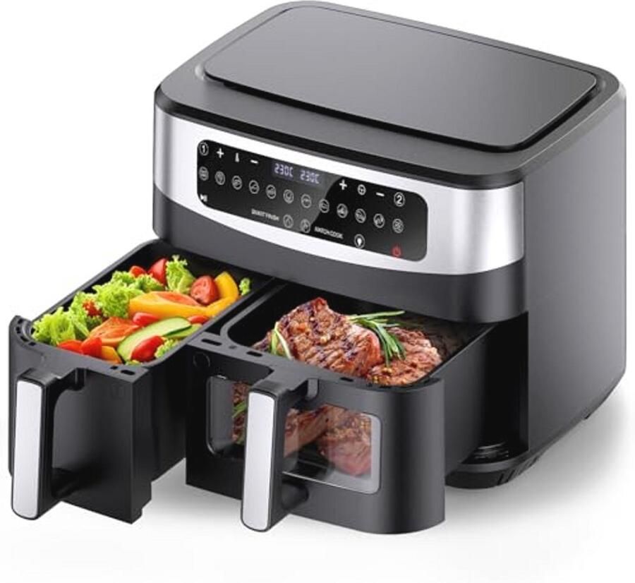 XXL Luchtfriteuse 10 liter met dubbele mand en touchscreen 12 voorgeprogrammeerde kookprogramma's
