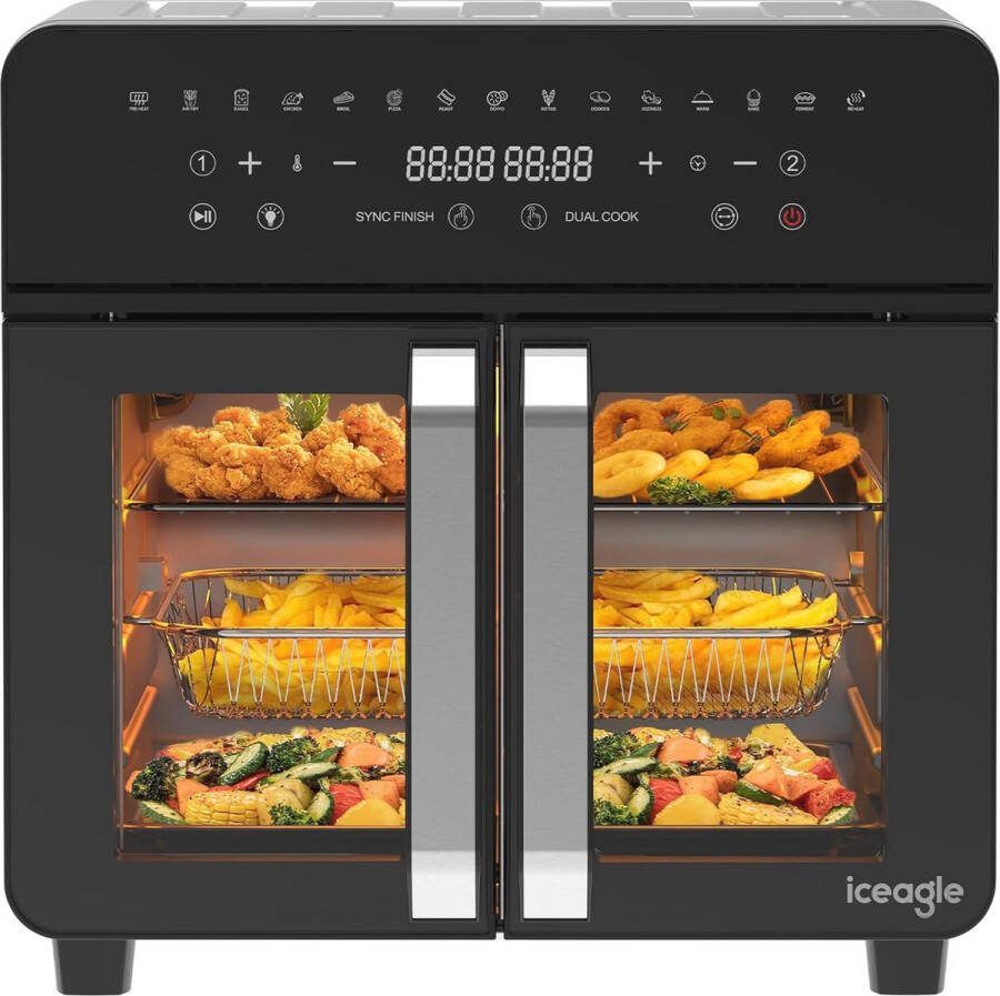 XXL Luchtfriteuse 23 Liter met Dubbele Kookzones Multifunctionele Airfryer-oven met 15 Programma's en 12 Accessoires